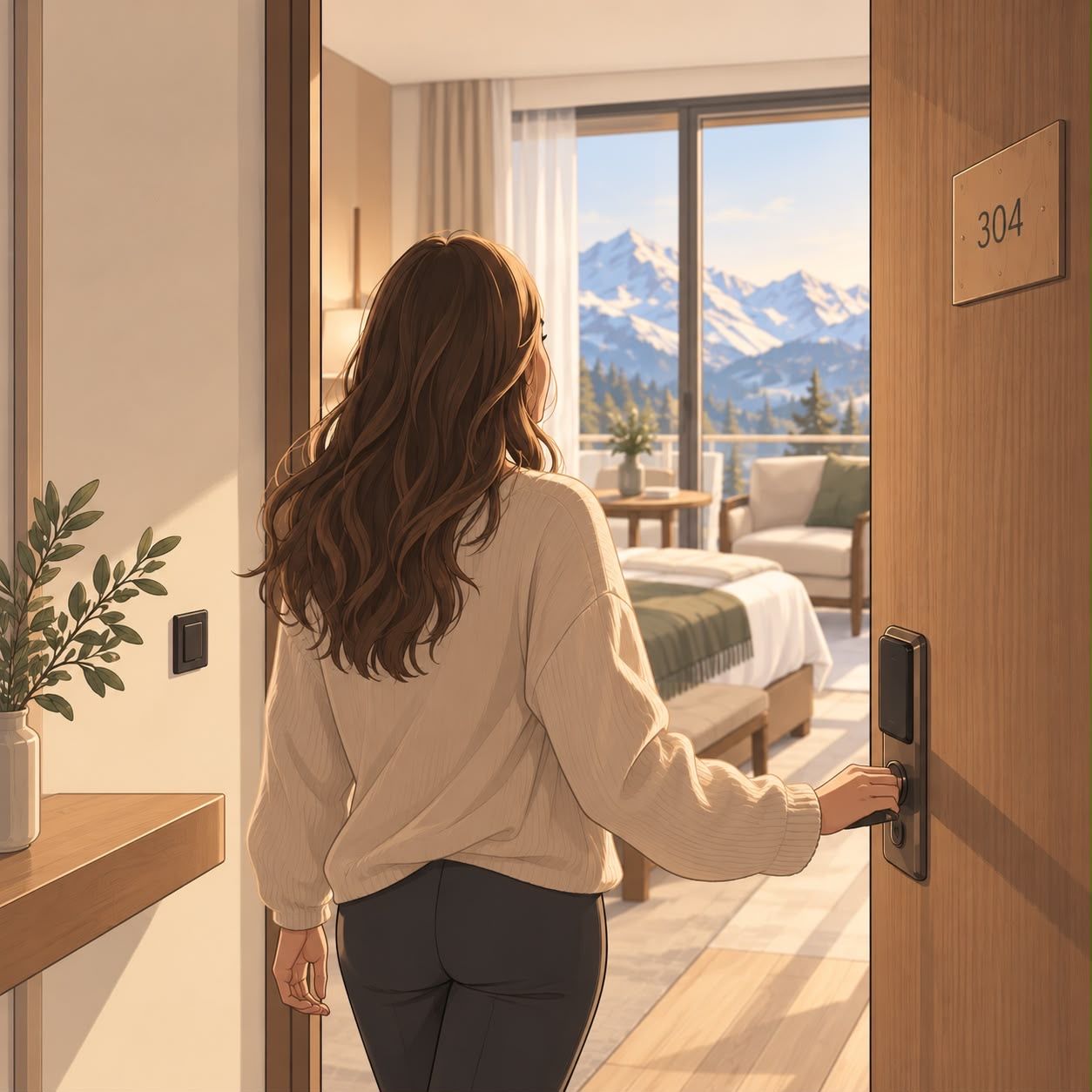 Ilustración: la huésped abre la puerta de su habitación, con vistas a las montañas nevadas.