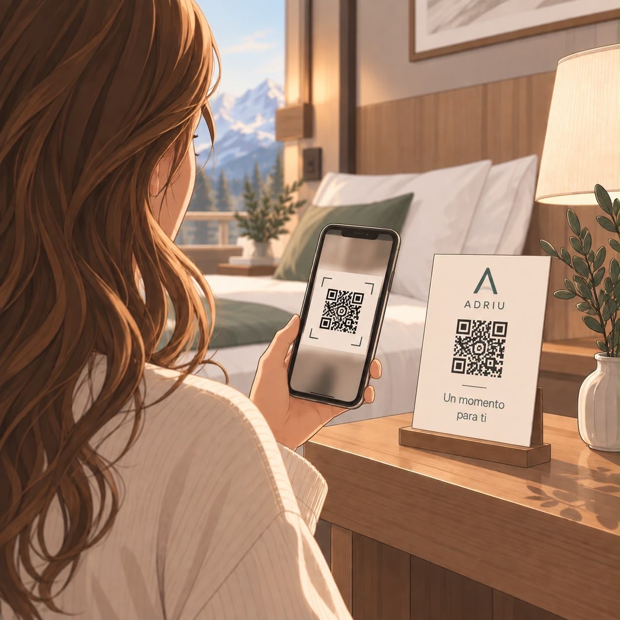 Ilustración: la huésped escanea con el móvil el código QR de ADRIU que hay sobre el escritorio de la habitación.
