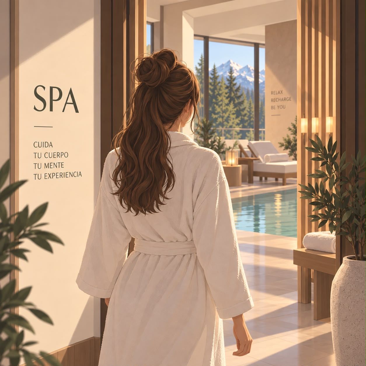 Ilustración: la huésped, en albornoz, entra en el spa del hotel, con piscina y vistas al bosque.