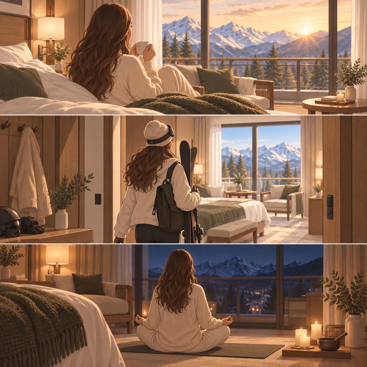 Ilustración: tres momentos del día con ADRIU: un café al amanecer, la vuelta de esquiar y una meditación de noche.